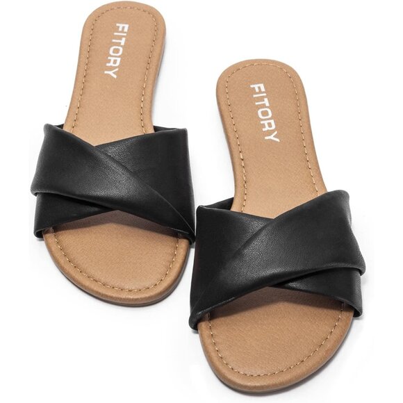 FITORY Women's Dark Synthesis Summer Soft Leather Cushioned Insole Flat Slides - Picture 2 of 5